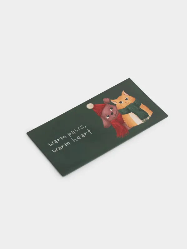 Конверт подарочный, 17х9 см, бумага, зеленый, Кот и собака, Winter friends, image-2