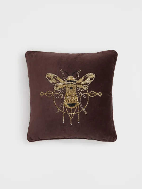 Подушка декоративная, 50х50 см, вельвет/бисер, коричневая, Шмель, Bugs, image-0