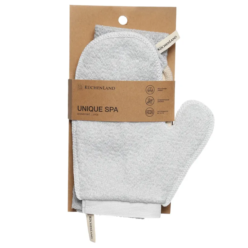 Набор для душа, 2 пр, мочалка-лента/мочалка-варежка, нейлон/хлопок, серо-голубой, Unique spa, image-4