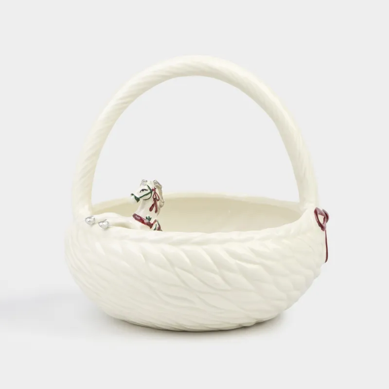 Конфетница, 20х20 см, с ручкой, керамика, белая, перламутр, Лошадка внутри, Horse polar