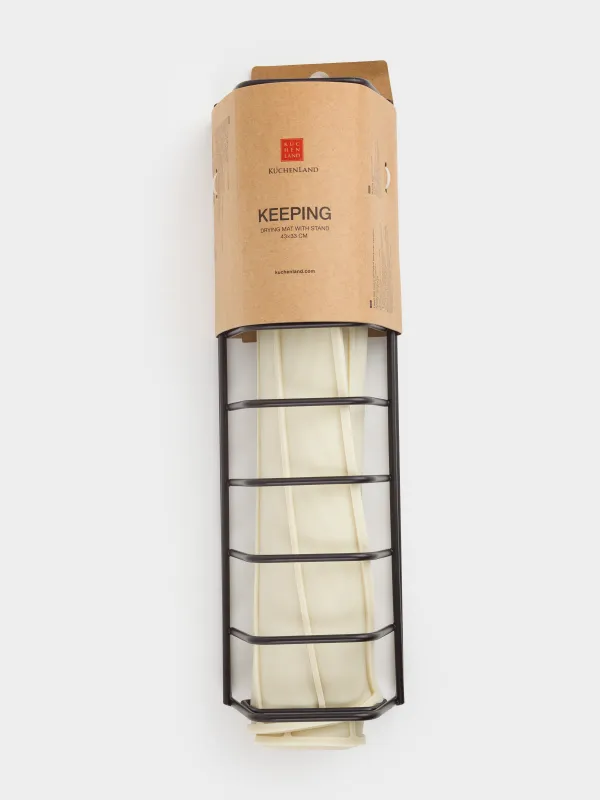 Коврик для сушки посуды с подставкой, 43х33 см, силикон/металл, молочный/черный, Keeping, image-5