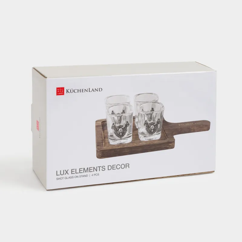 Стопка для водки, 60 мл, 4 шт, на подставке, стекло/металл/дерево, Лось, Lux elements decor, image-5