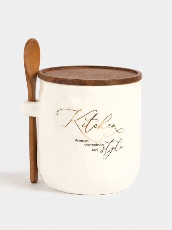 Емкость для хранения, 12x12 см, 650 мл, с ложкой, керамика/дерево, Мятый эффект, Crumple kitchen, image-0