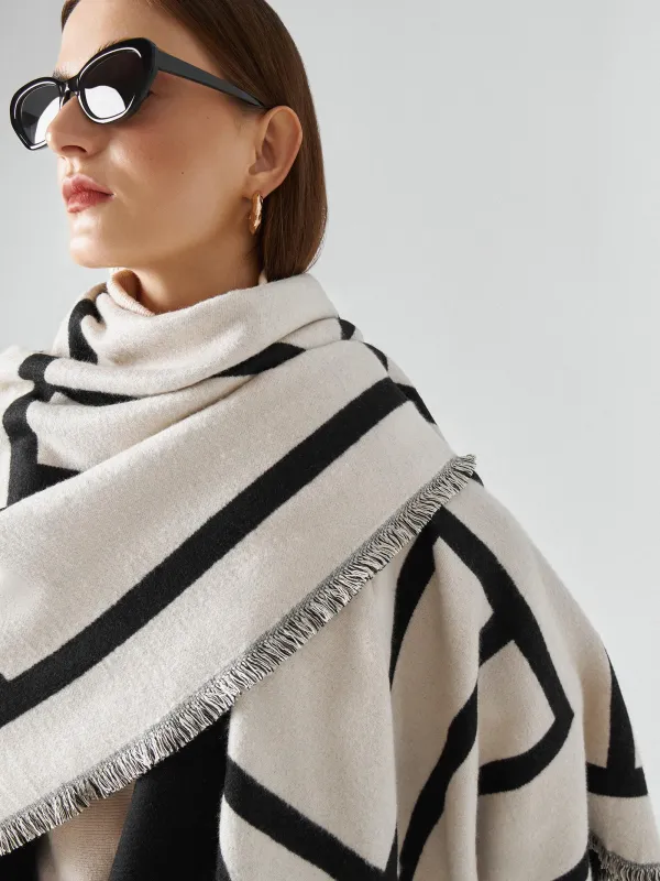 Пончо с бахромой, двустороннее, молочно-черное, Poncho, image-7