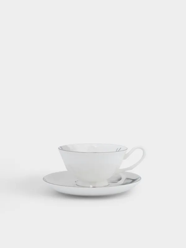 Пара чайная, 1 перс, 2 пр, 220 мл, фарфор F, белая, с серебристым кантом, Каллы, Aroid, image-0