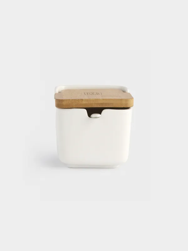 Банка для сыпучих продуктов, 250 мл, с ложкой, керамика/бамбук, белая, Keep, image-0