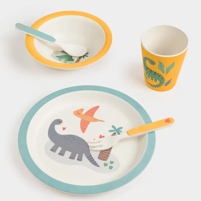 Набор посуды, детский, 1 перс, 5 пр, бамбук, желто-голубой, Динозавры, Dino