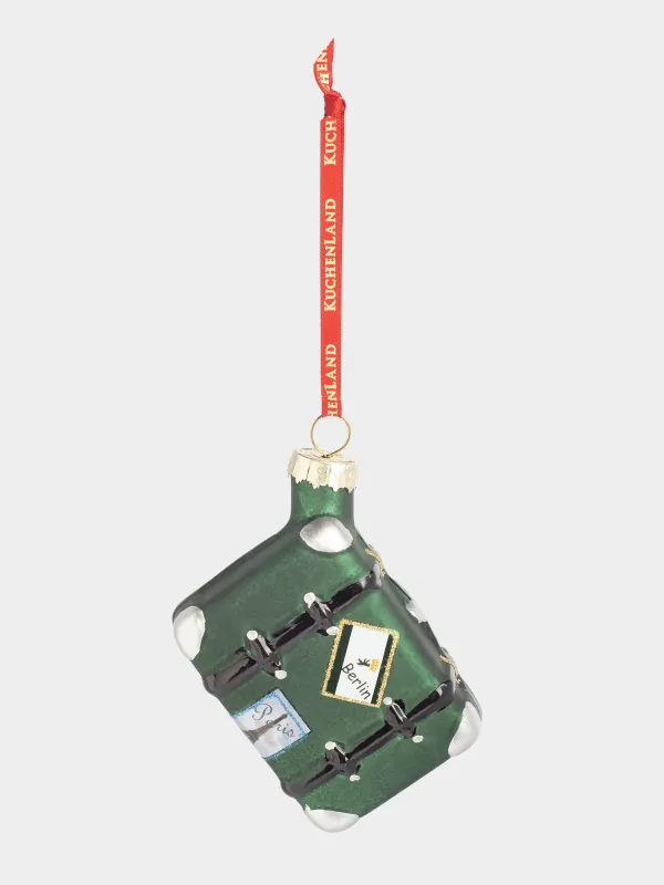 Игрушка елочная, 8 см, стекло, с блестками, зелено-серая, Чемодан, Figure christmas, image-3