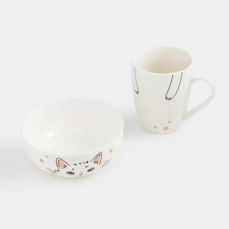 Набор посуды, детский, 1 перс, 2 пр, бело-золотистый, Котик и звезды, Cat, image-2