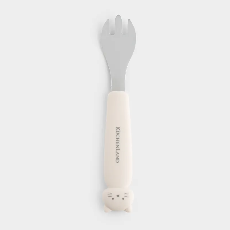 Вилка, детская, 14 см, сталь/силикон, бежевая, Кошка, Kiddy, image-0