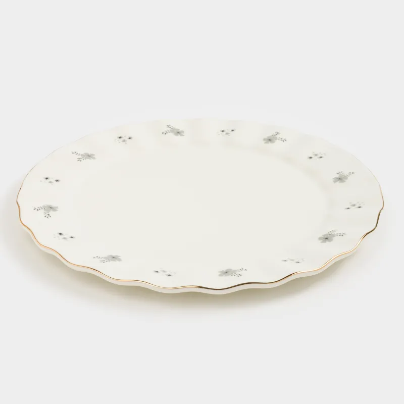 Тарелка обеденная, 27 см, фарфор P, молочная, с золотистым кантом, Серые цветы, Florals, image-1