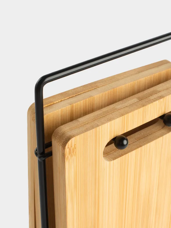 Доска разделочная, 22x14 см, 4 шт, на подставке, бамбук/сталь, прямоугольная, Bamboo, image-6