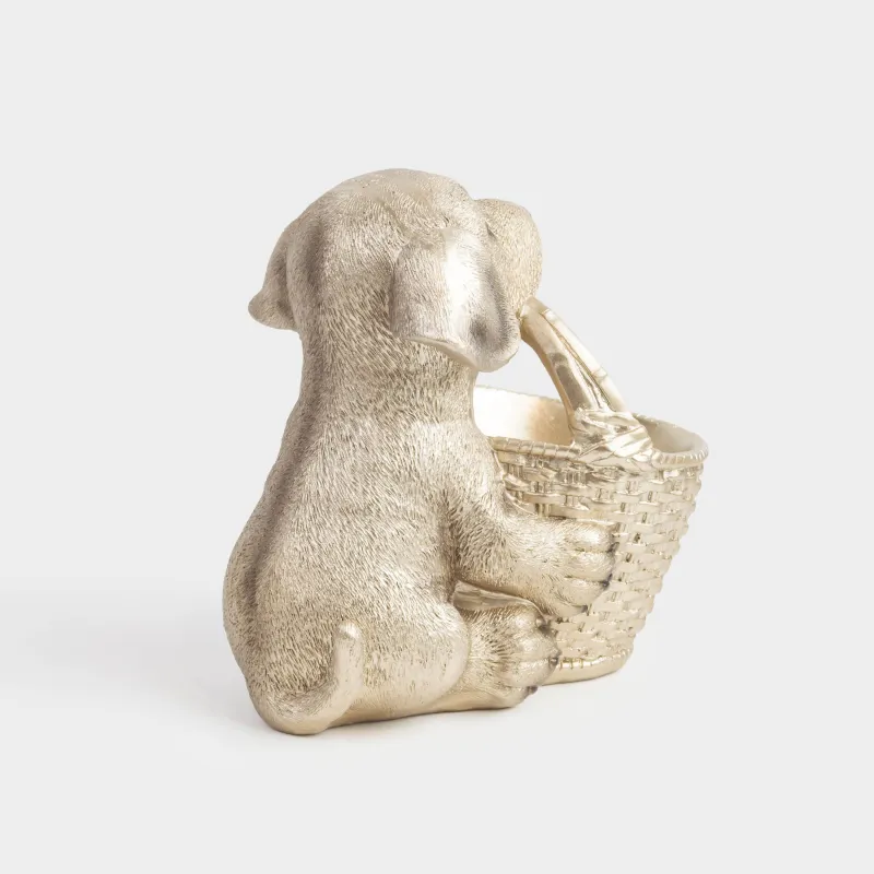 Конфетница, 18х12 см, с ручкой, полирезин, золотистая, Лабрадор с корзиной, Dog, image-3