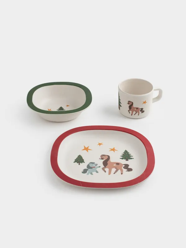 Набор посуды, детский, 1 перс, 3 пр, бамбук, красно-зеленый, Лошадки с елкой, Little horse, image-1