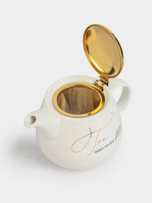 Чайник заварочный, 500 мл, фарфор P/сталь, молочно-золотистый, Мятый эффект, Crumple kitchen, image-4