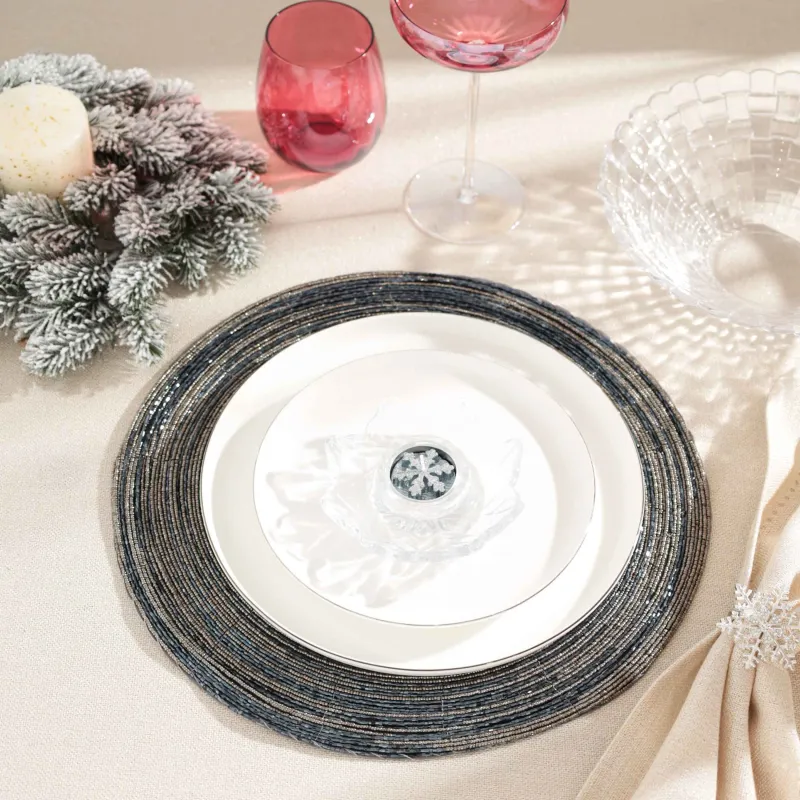 Салфетка под приборы, 36 см, бисер, круглая, серебристо-синяя, Спираль, Rotation beads, image-3