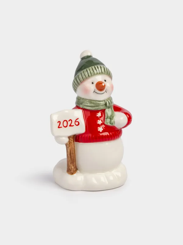 Статуэтка, 9 см, керамика D, зелено-красная, Снеговик со знаком, Snowy, image-1