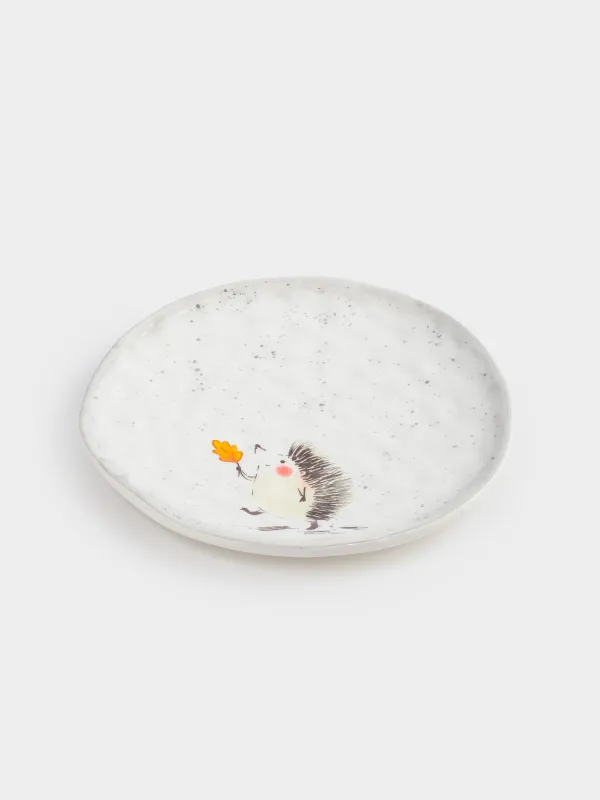 Тарелка закусочная, детская, 19 см, керамика, молочно-серая, в крапинку, Ежик, Hedgehog walk, image-3