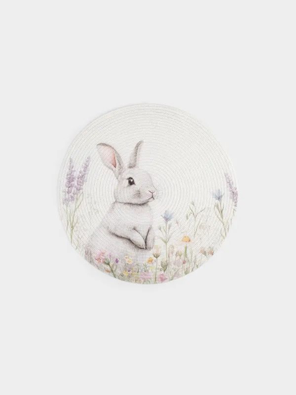 Салфетка под приборы, 38 см, полиэстер, круглая, белая, Кролик в цветах, Rotary print, image-0