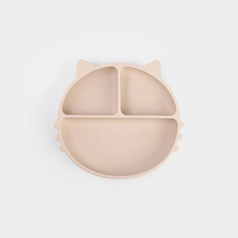 Тарелка обеденная, детская, 19х20 см, 3 отд, на присоске, силикон, бежевая, Котик, Kiddy