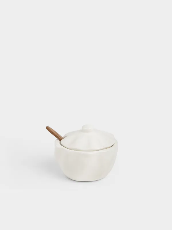Сахарница, 9 см, 300 мл, с ложкой, керамика D/бамбук, молочная, Волнистый край, Crumple, image-0