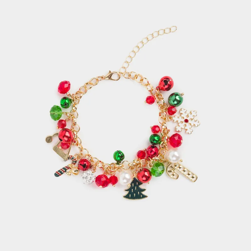 Браслет, 25 см, с подвесками, металл, золотистый, Красные и зеленые бусины, Jewelry christmas