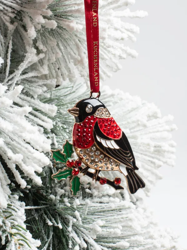 Игрушка елочная, 8 см, металл/стразы, зелено-красная, Снегирь на ветке, Figure christmas, image-4