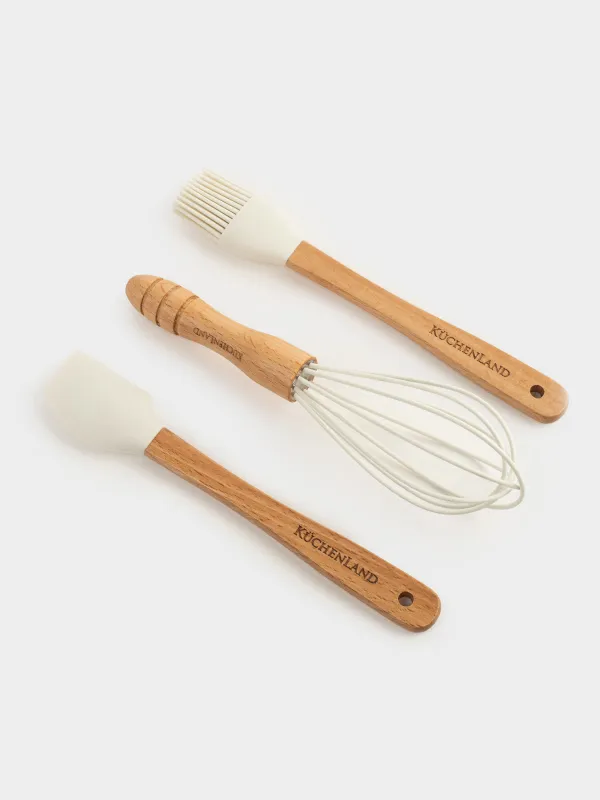 Набор для выпечки, 3 пр, лопатка/венчик/кисть, силикон/дерево, молочный, Bakery, image-1