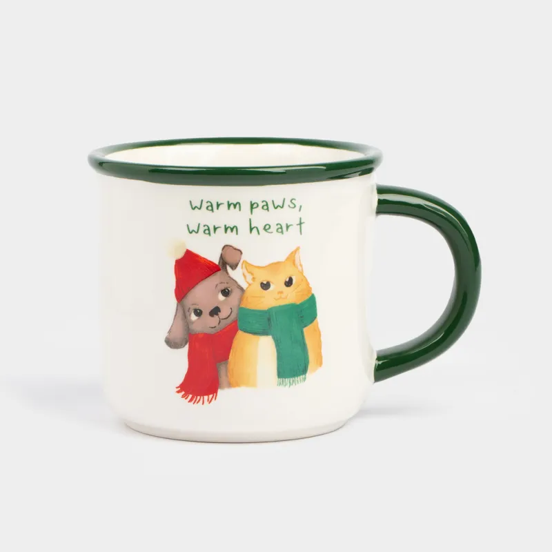Кружка, 470 мл, керамика, бело-зеленая, Кот и собака в шарфах, Winter friends