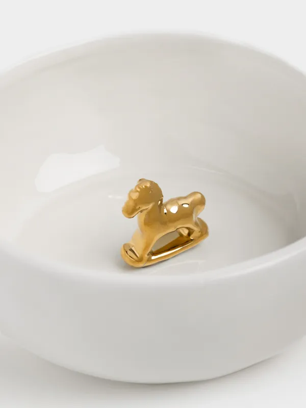 Салатник, 15х6 см, 560 мл, керамика, бело-золотистый, Лошадка-качалка внутри, Horse gold, image-1