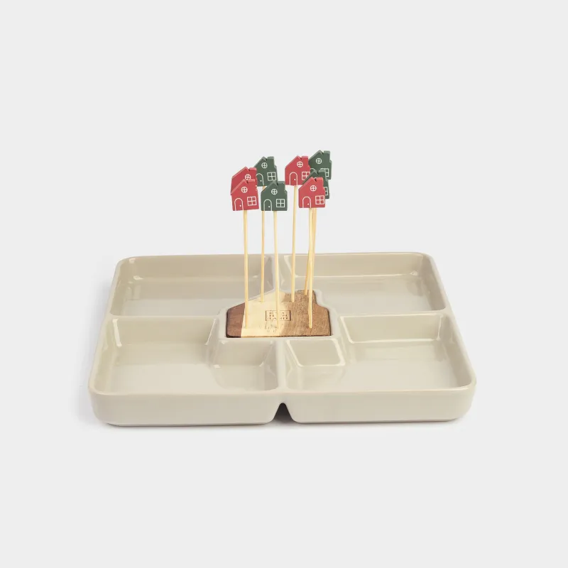 Менажница, 22 см, 4 отд, со шпажками, дерево/керамика, белая, Домик, House