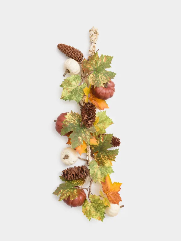Ветка-гирлянда декоративная, 60 см, пенопласт/полиэстер, Тыквы с шишками, Autumn fusion, image-1