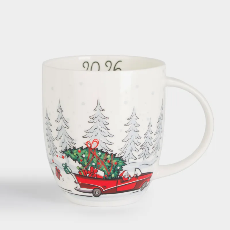 Кружка, 400 мл, фарфор F, белая, Машина в лесу, Red car