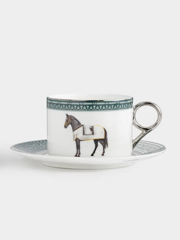 Пара чайная, 1 перс, 2 пр, 290 мл, фарфор F, бело-зеленая, с серебристым кантом, Конь, Breton horse, image-0