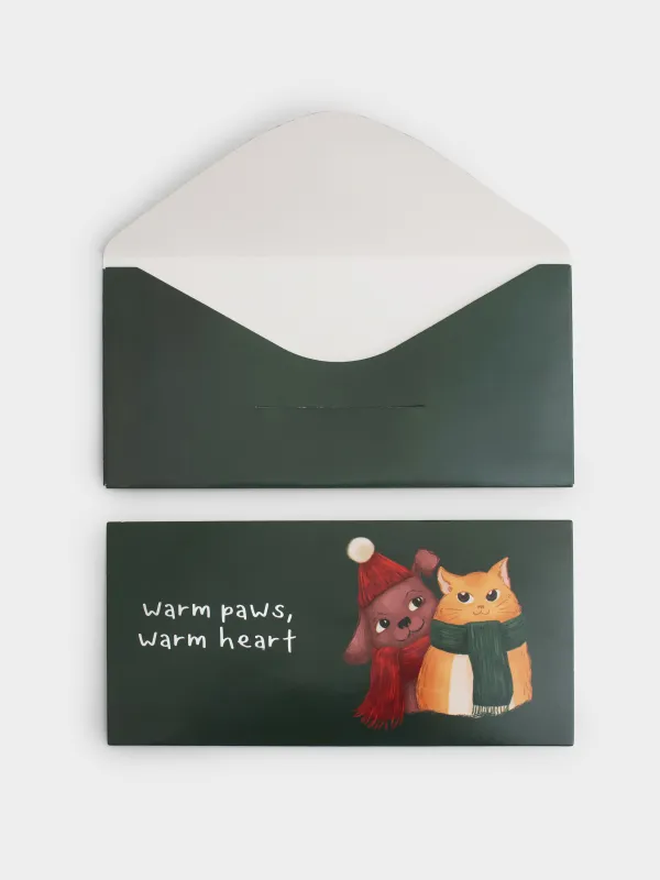 Конверт подарочный, 17х9 см, бумага, зеленый, Кот и собака, Winter friends, image-4