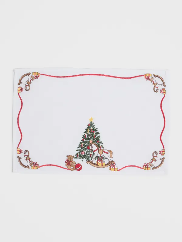 Салфетка под приборы, 30х45 см, полиэстер, прямоугольная, белая, Елка и лошадки, Holiday horse, image-0