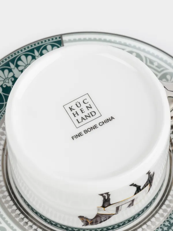 Пара чайная, 1 перс, 2 пр, 290 мл, фарфор F, бело-зеленая, с серебристым кантом, Конь, Breton horse, image-6