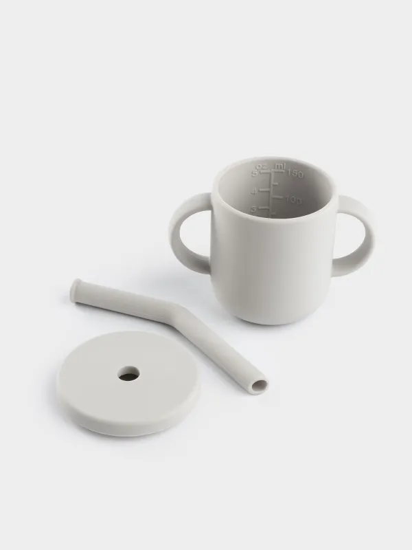 Поильник, детский, 150 мл, с ручками, с трубочкой, силикон, серый, Kiddy, image-5