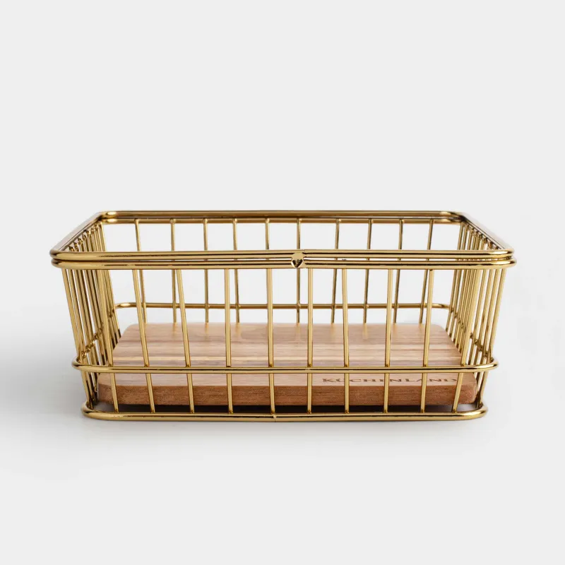 Корзина для хранения, 19х19 см, металл/дерево, квадратная, золотистая, Twist gold