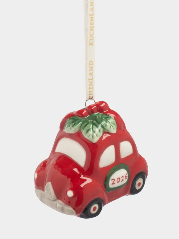 Игрушка елочная, 7 см, керамика D, красная, Машина с венком, Figure christmas, image-0