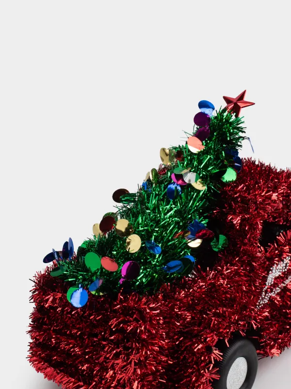 Статуэтка, 27 см, мишура/пластик, красная, Машина с елкой, Tinsel decor, image-4