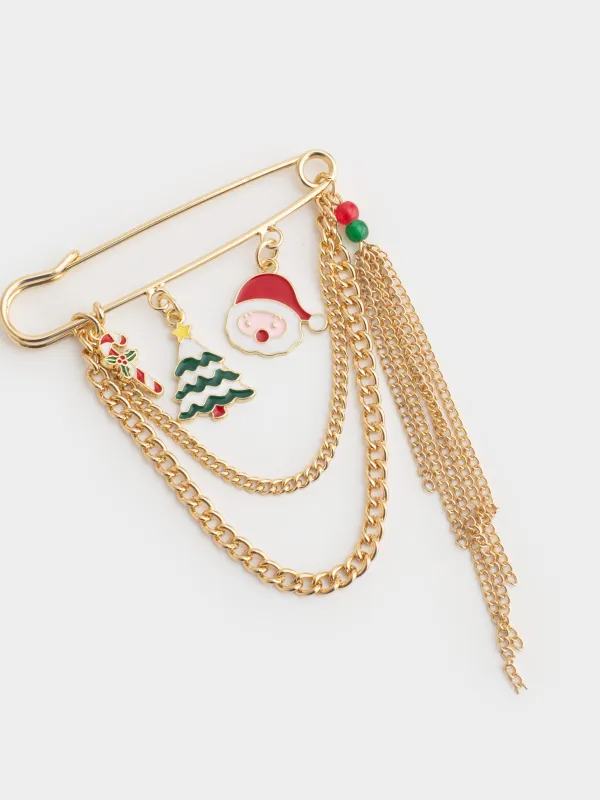 Брошь, 7 см, металл, золотистая, Дед мороз и елка, Jewelry christmas, image-1