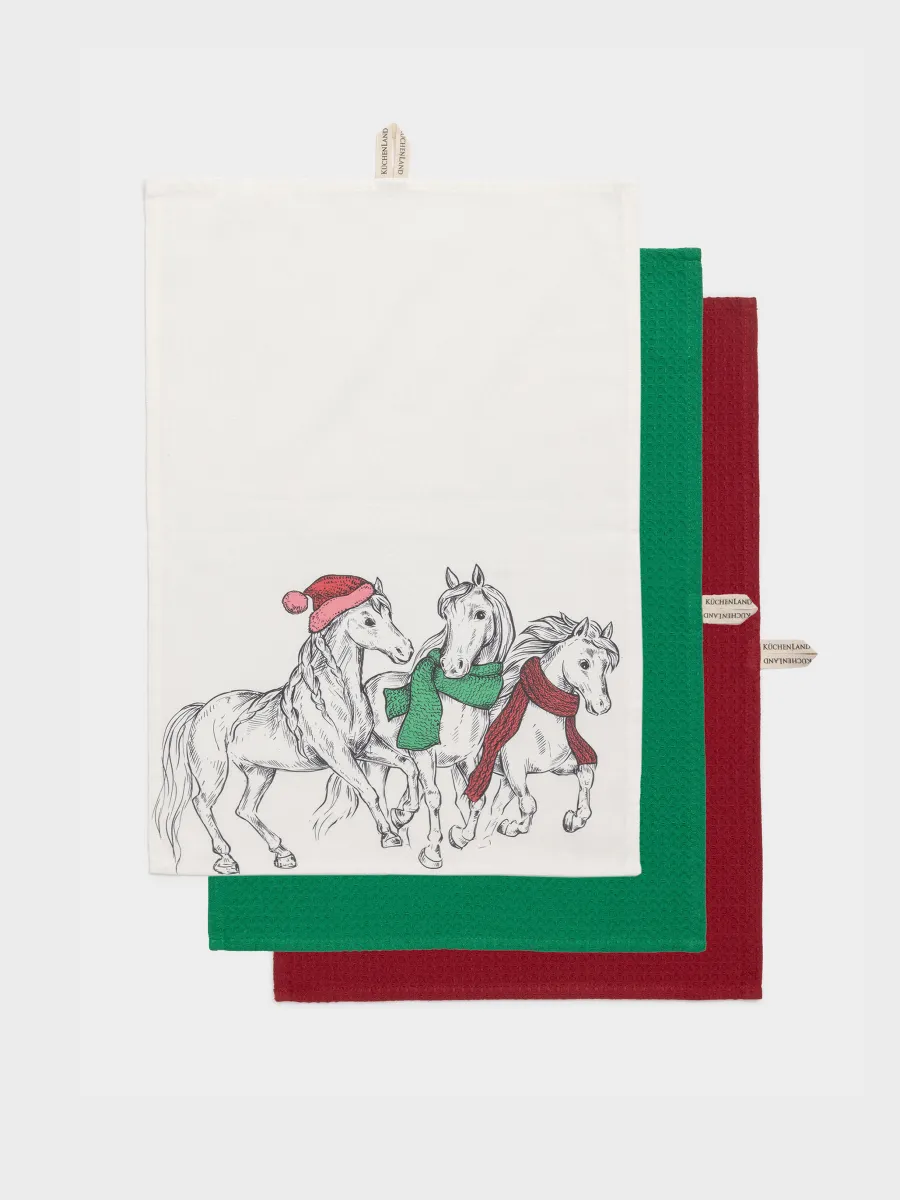 Полотенце кухонное, 40х60 см, 3 шт, хлопок, молочное/зеленое/красное, Графичные лошади, Horse trio, image-0