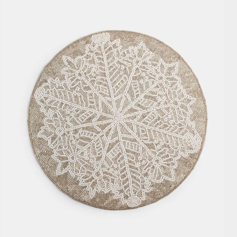 Салфетка под приборы, 36 см, бисер, круглая, серебристая, Снежинка, Art beads