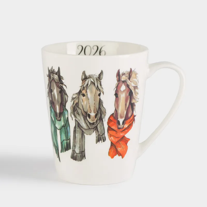 Кружка, 420 мл, фарфор N, белая, Лошади в шарфах, Horse trio