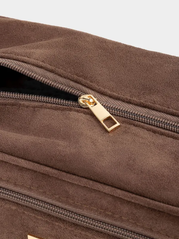 Косметичка, 27х13 см, с ручкой, искусственная замша, коричневая, Beauty suede, image-4