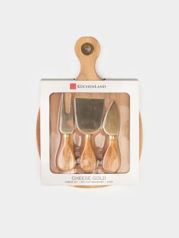 Набор для сыра, 4 пр, доска-блюдо с ручкой, сталь/дерево, золотистый, Cheese gold, image-7