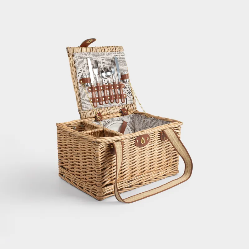 Корзина для пикника, 40х30 см, 2 перс, 12 пр, с отделением для бутылок, лоза, коричневая, Picnic