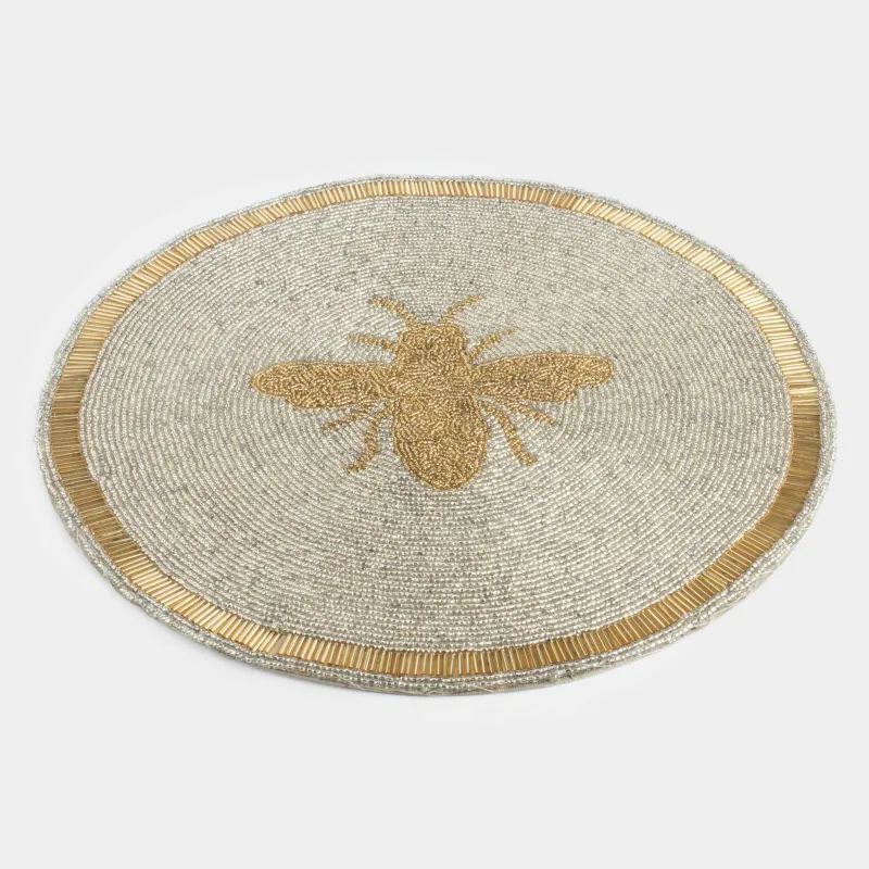 Салфетка под приборы, 36 см, бисер, круглая, молочно-золотистая, Пчела, Art beads, image-1