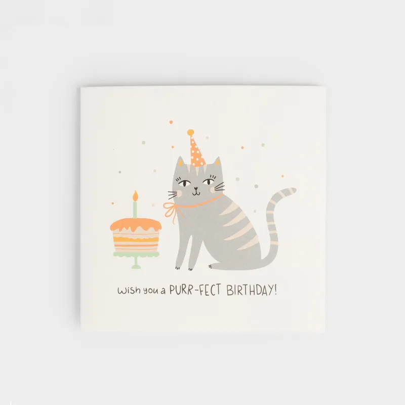 Открытка подарочная, 12х12 см, бумага, белая, Кот с тортом, Birthday